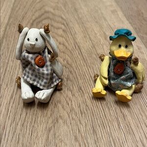Russ Berrie Shelf Sitters Yellow Duck Figurine with Blue Hat and White Bunny